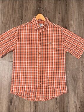 Carhartt Orange Plaid Short Sleeve Button-Down Shirt Leather Logo on Pocket